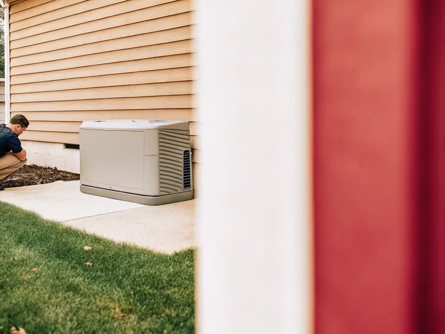 A standby home backup generator on a concrete pad beside a Rhode Island house