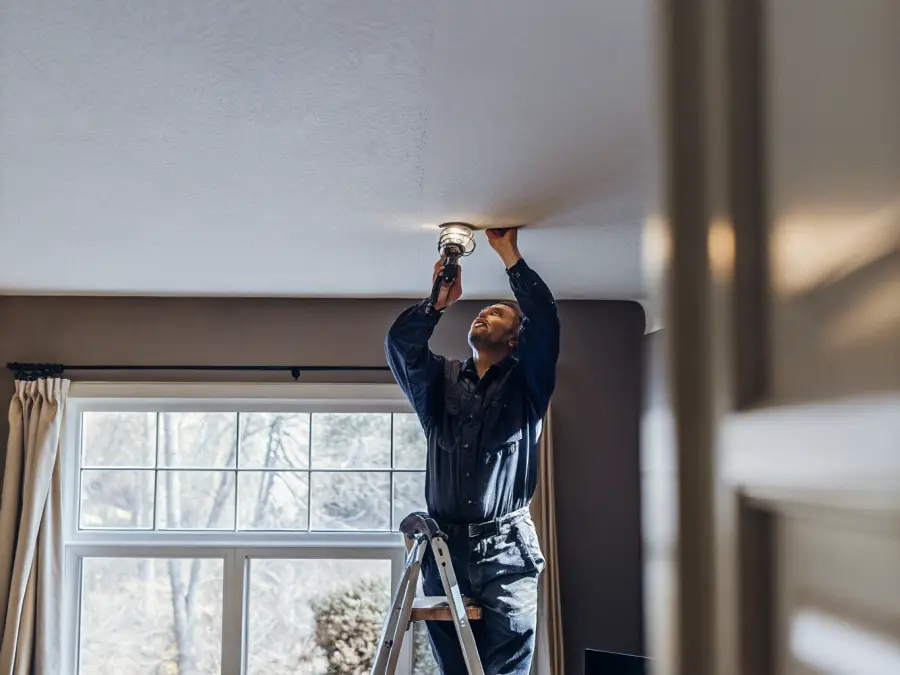 A Bayline electrician installing a new light fixture in a Rhode Island home