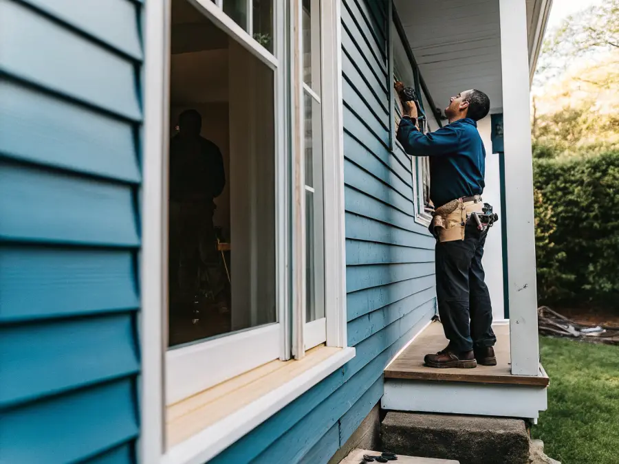 Electrician mounting an exterior wall light on a clapboard house