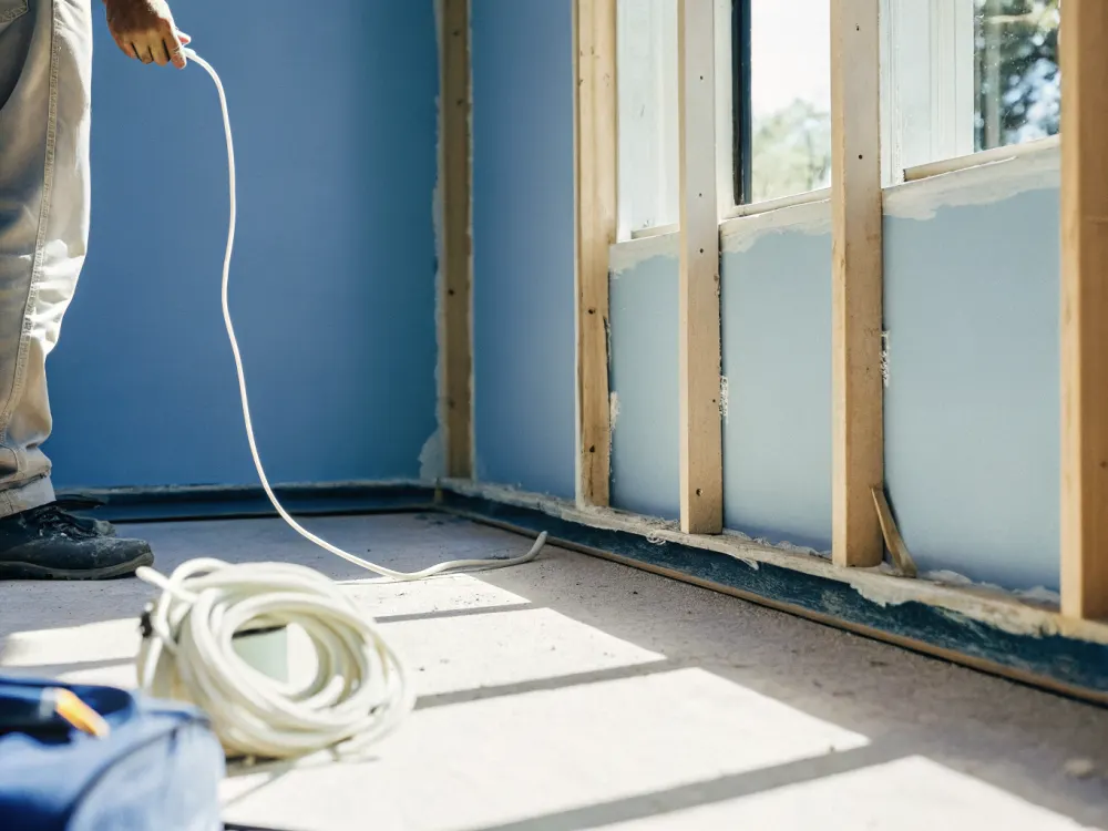 Electrician feeding cable through an open framed wall